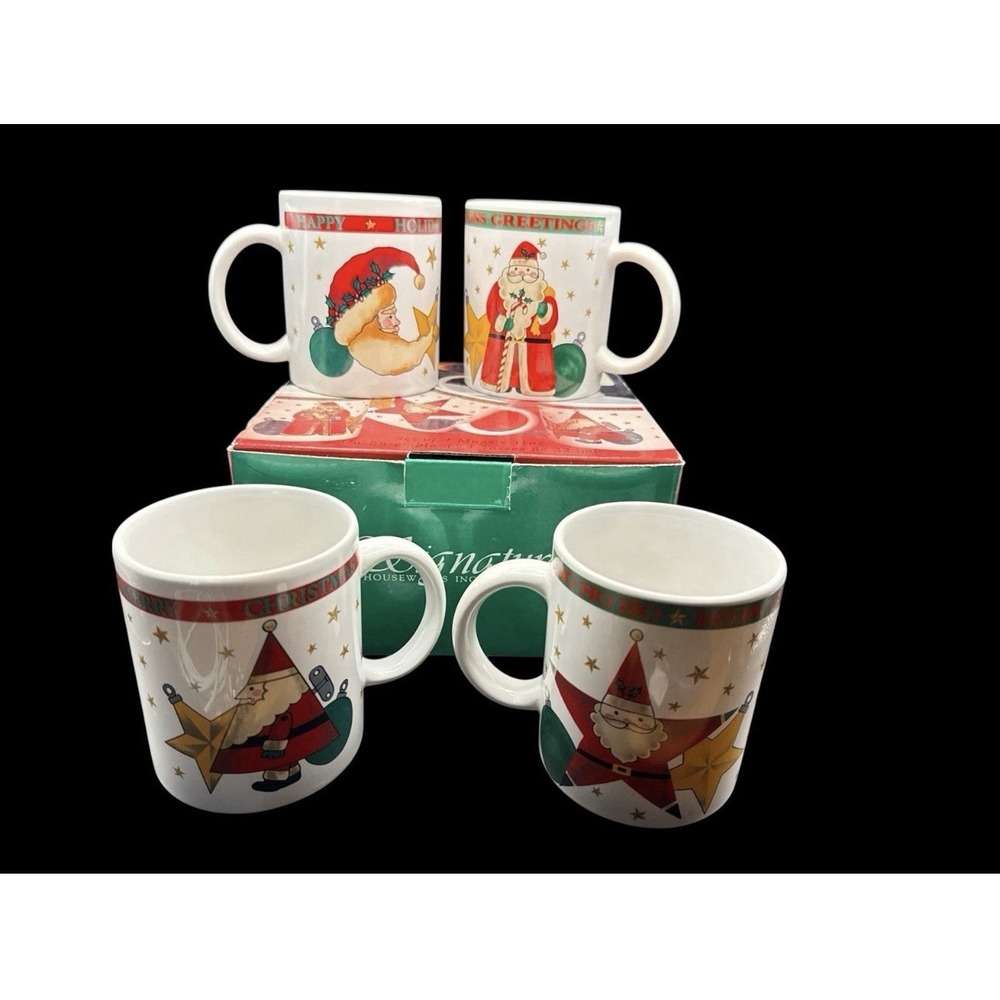 Vintage 1990s NOS Signature Housewares Christmas Santa 11 oz. Mugs Set of 4